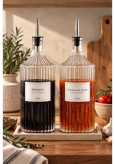 Porsima Viking 18113 2li 1000 Ml Cam Şişe Yağlık Sirkelik Çift Kapaklı Gümüş Gümüş