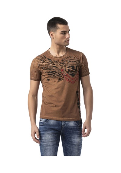Cipo & Baxx Yıkamalı Baskılı Bisiklet Yaka Kısa Kollu Erkek Tişört Ct809 Hardal