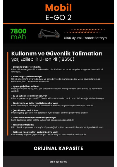 Mobil Urban E-go 2 / 36v 7800mAh Elektrikli Scooter Bataryası