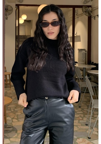 Madmext Siyah Bisiklet Yaka Oversize Triko Kazak Mg1972 Siyah