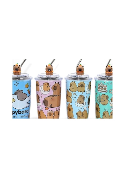 Capybara Figürlü Isı Muhafazalı Metal Pipetli Paslanmaz Çelik Kupa Alk4429 Evimdeyokyok Çok Renkli