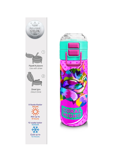 Coral High Kids Pembe Mavi Kedi Desenli Pipetli Ve Direkt İçim Çelik Termos 500 Ml 31842 Pembe - Açık Yeşil