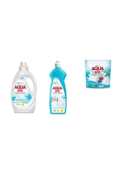 Aquabor Doğal Mineralli Sıvı Beyaz + Elde Bulaşık + Tablet 3 Lü Set 0.75 LT - 2.5 LT - 12 KG