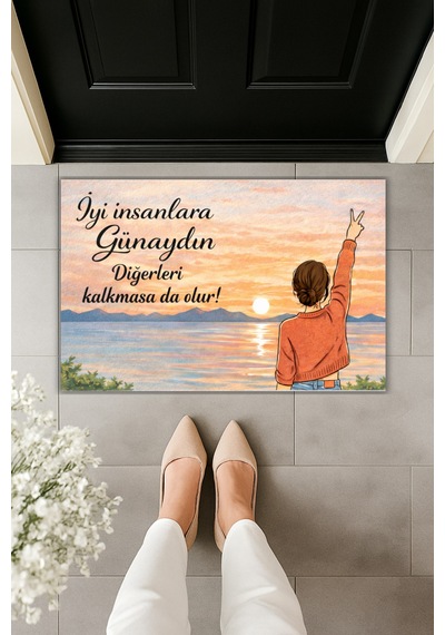 Rugmood Modern Dijital Baskı - İyi İnsanlara Günaydın - Kapı Önü Paspası Çok Renkli