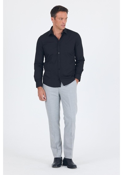 İmza Siyah Uzun Kol Düz Bez Ayağı Sert Yaka Cepsiz Pamuklu Basic Slim Fit Gömlek 1004250057 001 Siyah