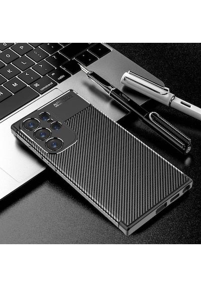 Samsung Galaxy Uyumlu S24 Ultra Kılıf Kamera Korumalı Karbon Desenli