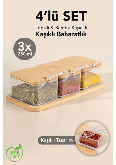 3'lü Kaşıklı Bambu Kapaklı Baharatlık - Tepsili Baharat Saklama Kabı Baharat Takımı 250 Ml Bej