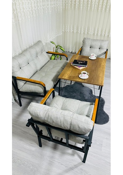 Madame Home Kadife Balkon, Bahçe,teras,cafe - Salon - Metal Kanepe Koltuk Takımı - 2+1+1 + Masa Açık Gri