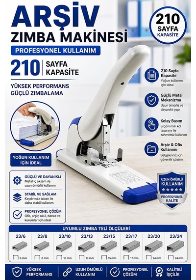 Büyük Boy Zımba Makinesi 1 Adet Kangaro Ds-23s24fl Arşiv Tipi Zımba Makinası 210 Yaprak Kapasiteli Zımba Teli Kollu