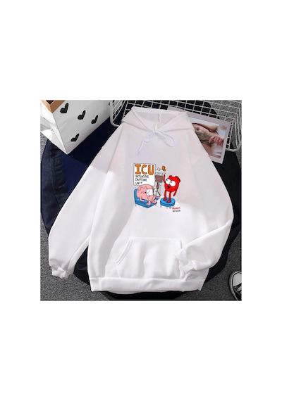 Tarzsokak Beyaz Unisex Garip Yeti Kalp Ve Beyin Baskılı Kapüşonlu Komik Grafik Erkeksonbaha