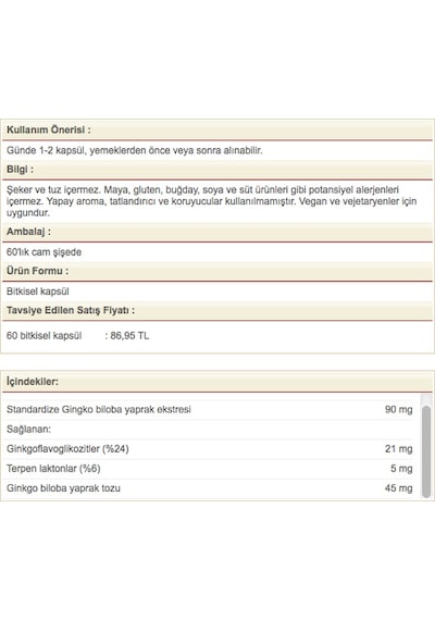 Solgar Ginkgo Biloba Leaf Extract 60 Kapsül