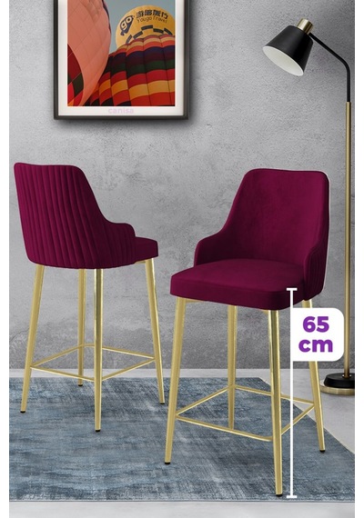 Canisa Tera Serisi 2 Adet Babyface Kumaş 65 Cm Gold Kaplama Ayaklı Mürdüm Bar Sandalyesi Mürdüm Sandalye Gold Kaplama Ayak