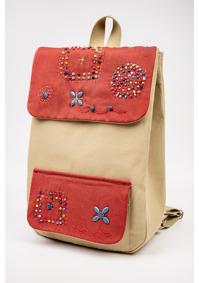 Fabric Craft Bag Sırt Çantası Kumaş Boho Nakışlı Koyu Bej - Bordo