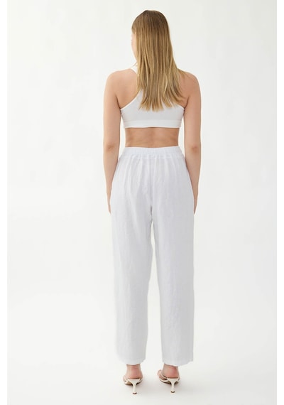 Vitrin %100 Keten Beli Lastikli Cepli Geniş Paça Pantolon Beyaz
