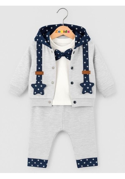 Zekids Erkek Bebek Papyonlu Hırkalı 3'lü Eşofman Takımı-16286 Gri