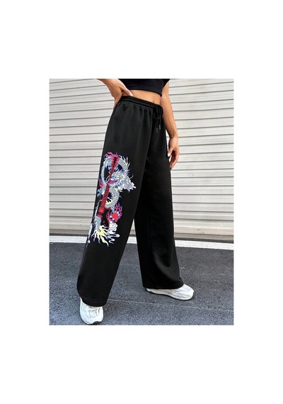 Tarzsokak Coolane Dragon & Guitar Print Drawstring Waist 4 Mevsim Eşofman Siyah
