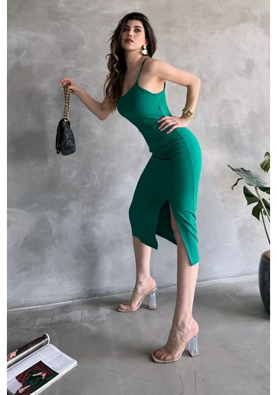 Nido Moda Kadın İp Askılı Yırtmaçlı Midi Dalgıç Elbise Yeşil