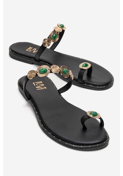 Luvishoes Martınez Siyah Yeşil Tokalı Hakiki Deri Kadın Parmak Arası Terlik