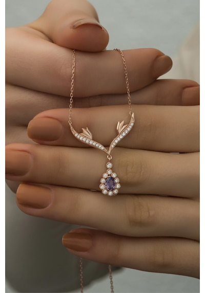 Nereze 925 Ayar Gümüş Rose Mor Damla Taşlı Tasarım Kolye