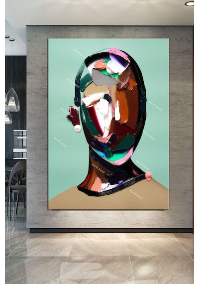 Yüzler Fırça Darbeli Görünümlü Soyut Modern Sanat Kanvas Tablo  120 x 80q