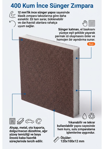 400 Kum Esnek İnce Sünger Zımpara 120x100x12 Mm - Ahşap Metal Mutfak Ve Hassas Yüzey Temizleme Padi