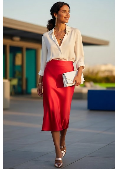 Fashion Cocktail Saten Dökümlü Belden Oturan Kalın Iç Lastikli Yırtmaçsız Diz Altı Midi Ofis Etek Pembe Fashion Cocktail Saten Dökümlü Belden Oturan Kalın Iç Lastikli Yırtmaçsız Diz Altı Midi Ofis Etek Pembe