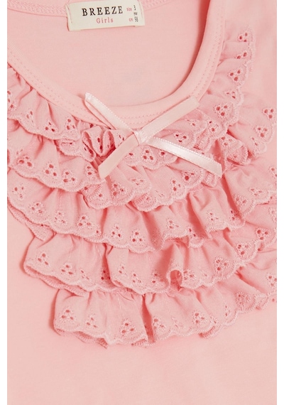 Breeze Kız Çocuk Uzun Kollu Tişört Güpürlü Fiyonklu 3-8 Yaş, Pembe-pembe Pembe