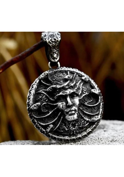 Çift Taraflı Kullanım Paslanmaz Çelik Yılan Detaylı Medusa Kolye Gümüş