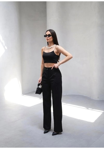 Defymoda Arkasi Lasti Kli Pi Leli Dökümlü Wide Leg Pantolon Siyah