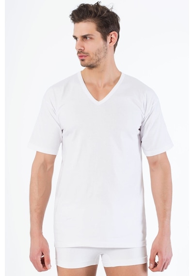 Siyah İnci Pamuklu V Yaka Kısa Kol T-shirt Beyaz