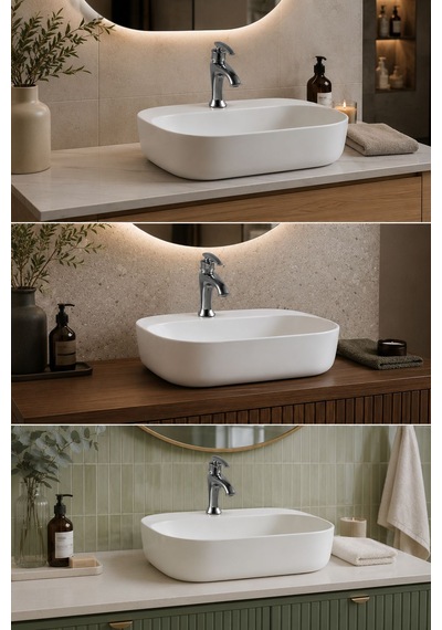 Lena E-2101 Tezgah Üstü Porselen Lavabo Dikdörtgen Beyaz Tezgah Üstü Lavabo