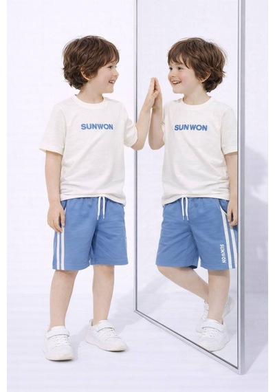 Miniko Kids Erkek Çocuk Sunwon Modelli Pamuk Şortlu Takım Mavi