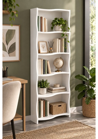 Sulorahome 5 Raflı Modern Dalgalı Tasarım Beyaz Kitaplık Ve Raf Ünitesi Antrasit