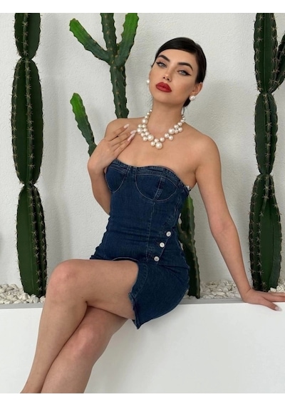 Defymoda Nerg Düğme Detaylı Elbise Koyu Mavi