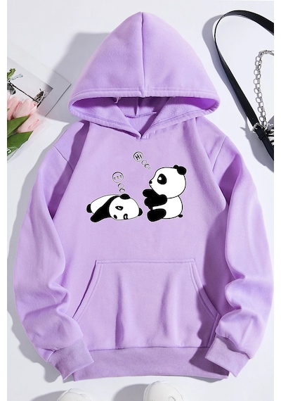Unisex Panda Baskılı Oversize Sweatshirt Lila