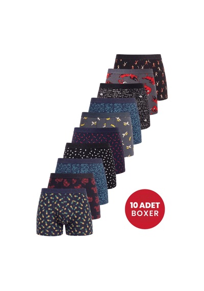 Arma Yıldız Erkek Desenli Boxer 10'lu Paket Pamuklu Likralı Yumuşak Ve Esnek Kumaş DESENLİ