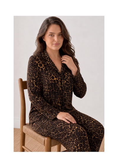 Fit Women Kadın Rahat Desenli Düğmeli Kahve Pijama Takımı 827 Kahverengi