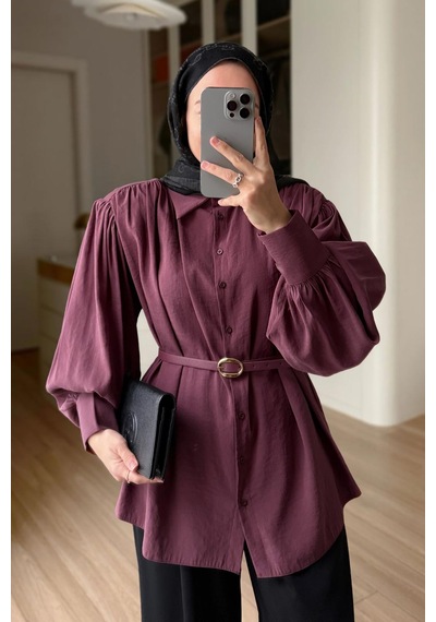 Kahijab Kemerli Vatkalı Gömlek - Mürdüm