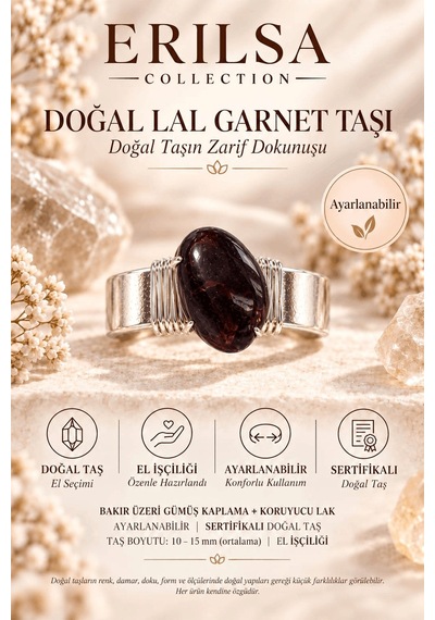 Sertifikalı Doğal Lal Garnet Taşı Ayarlanabilir El İşçiliği Gümüş Çok renkli