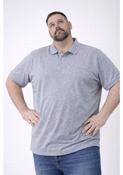 Erkek Polo Yaka Düğmeli Pike Kumaş Tişört Battal Beden Kısa Kol T-shirt - Gri