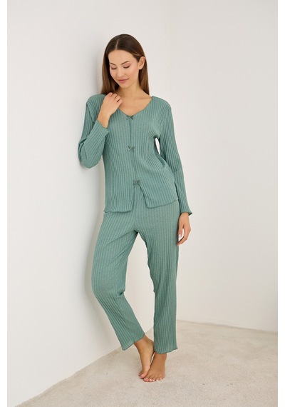 Siyah İnci Fitilli Kaşkorse Uzun Kollu Pijama Takım 7937 Yeşil