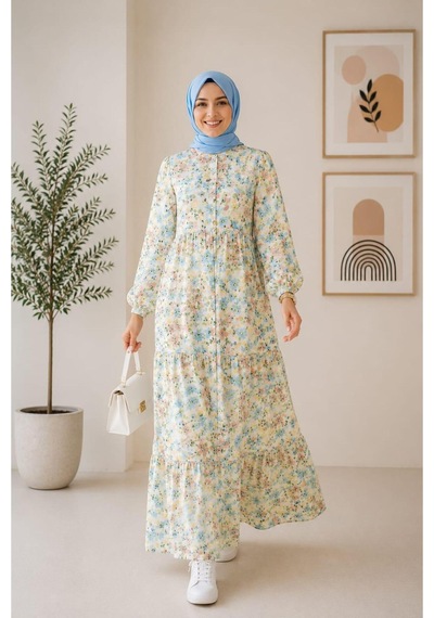 Hb Harma Time Butik Kadın Düğmeli Desenli Modal Kumaş Bej Elbise Bej Bej