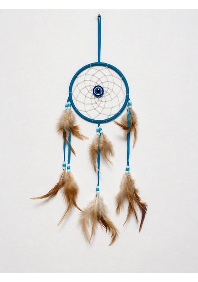 Motifli Düş Kapanı Mavi Rüya Kapanı Dream Catcher Bej Tüylü Nazar Boncuklu Bohem Duvar Süsü Bohem El Yapımı Düş Kapanı