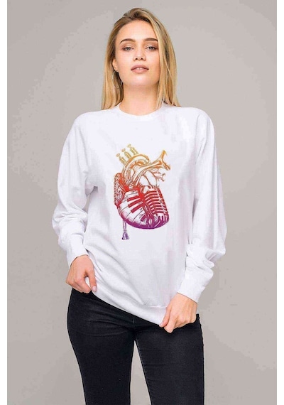 Kalbim Müzikle Carpiyor Baskılı Beyaz Kadın Sweatshirt
