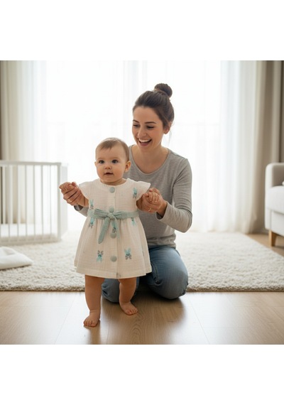 Ürünya Kız Bebek Çocuk Tavşan Desenli Düğmeli Kısa Kollu Elbise Yeşil
