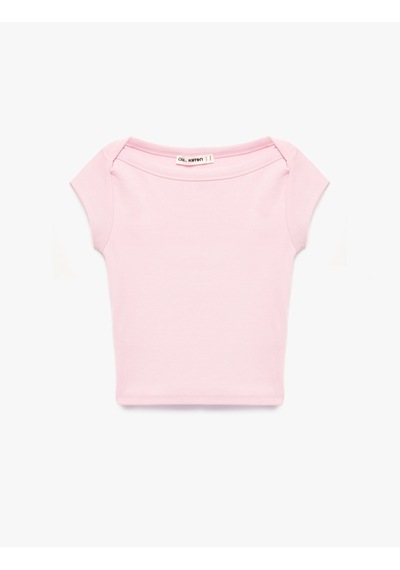 Koton Slim Fit Kısa Kollu Kayık Yaka Kaşkorse Pamuklu Tişört Pembe 6sal10685ık Gül
