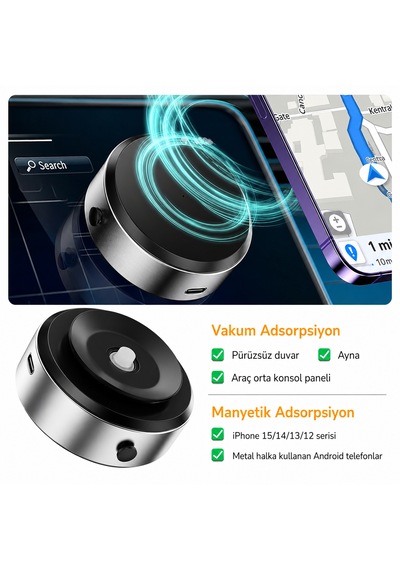Manyetik Vakumlu Telefon Standı Magsafe Uyumlu Cam Ayna Fayans Masa Metal Ofis İçin Siyah