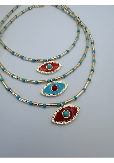 Rhea Jewelry Nazar Boncuklu Çelik Kolye Gold Renk Mineli Göz Figürlü Kadın Kolye 3 Renk Mavi