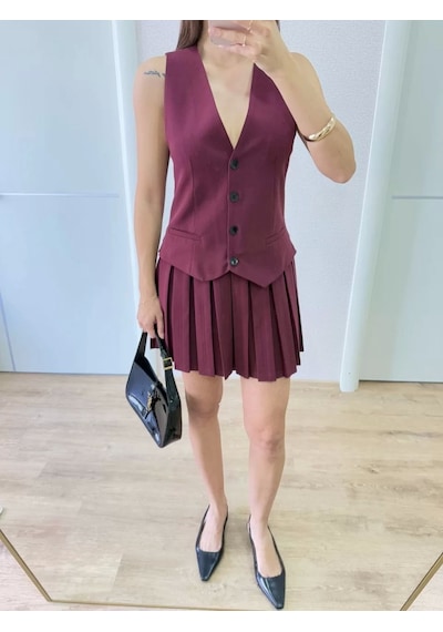 Cvs Giyim Keten Takım Görünümlü Düğme Detaylı Yelekli Mini Elbise - Bordo Bordo