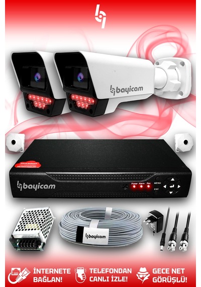 Bayicam 2 Kameralı Süper 2 Dış Kamera Set HDD'siz 5 MP 2K Net Gece Görüşlü Güvenlik Kamerası Sistemi